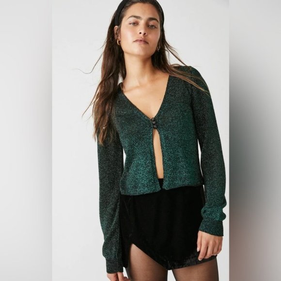 FREE PEOPLE Emmaline Sparkle V-Neck Cardigan - Picture 1 of 4